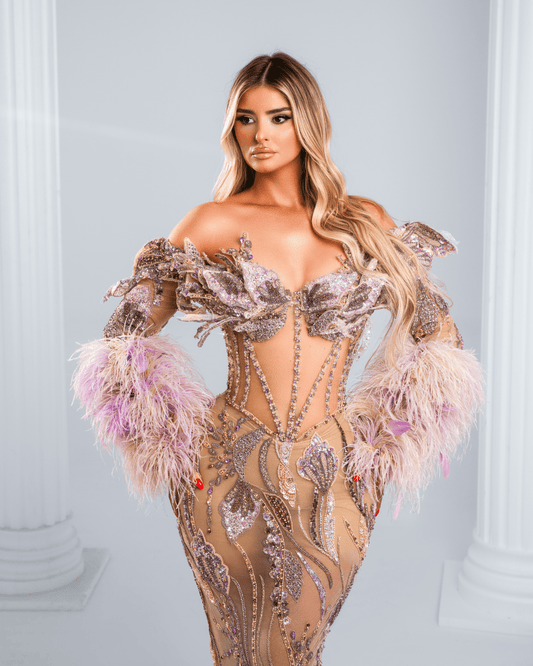 Ureliya Purple Dress with Crystals and Feathers - BLINI