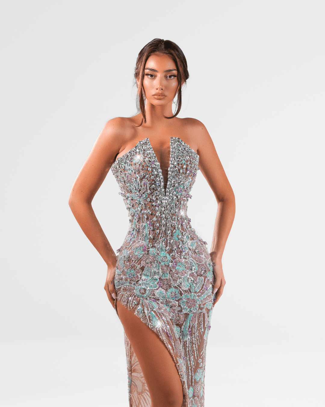 Urende Silver Long Sleeveless Dress with Crystals - BLINI