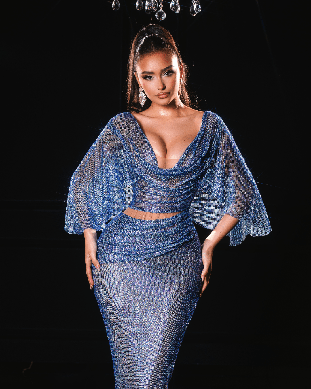 Uriesa Blue Long Dress with Crystals and Cut - Out - BLINI
