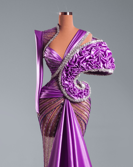 Valea Purple Long Dress with Side Cape and Crystals - BLINI