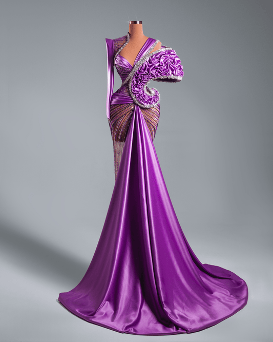 Valea Purple Long Dress with Side Cape and Crystals - BLINI