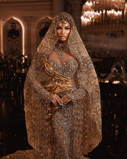 Valora Gold Long Dress with Metallic Leather and Vail - BLINI