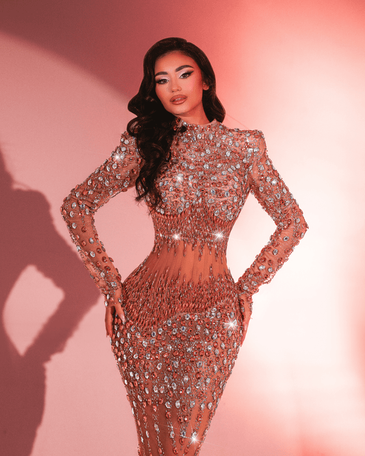 Velise Rose Gold Long Dress with Crystals - BLINI