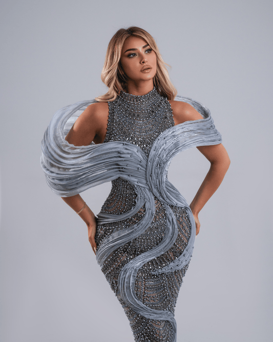 Veresa Gray Long Dress with 3D Details - BLINI