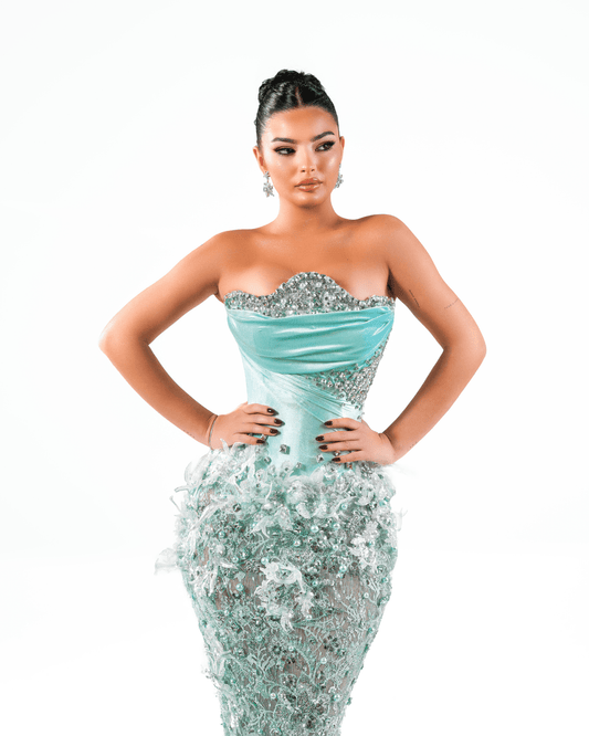 Vertea Aqua Long Dress with Crystals and Feathers - BLINI