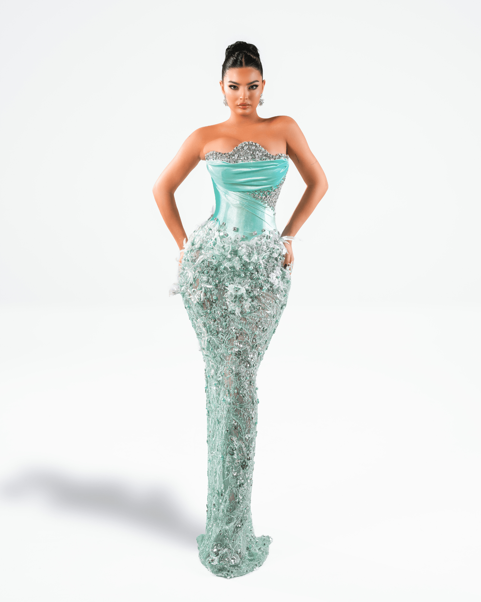 Vertea Aqua Long Dress with Crystals and Feathers - BLINI