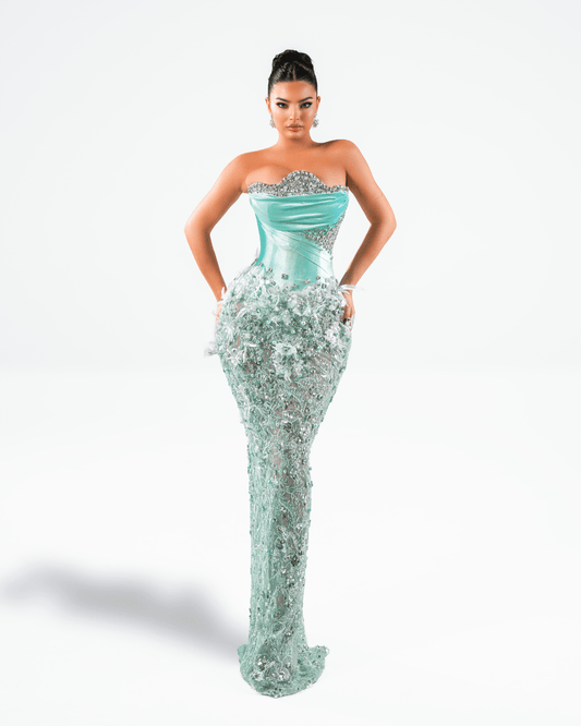 Vertea Aqua Long Dress with Crystals and Feathers - BLINI