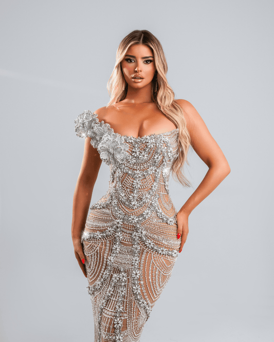 Vetese Nude Dress with Crystals and Flowers - BLINI