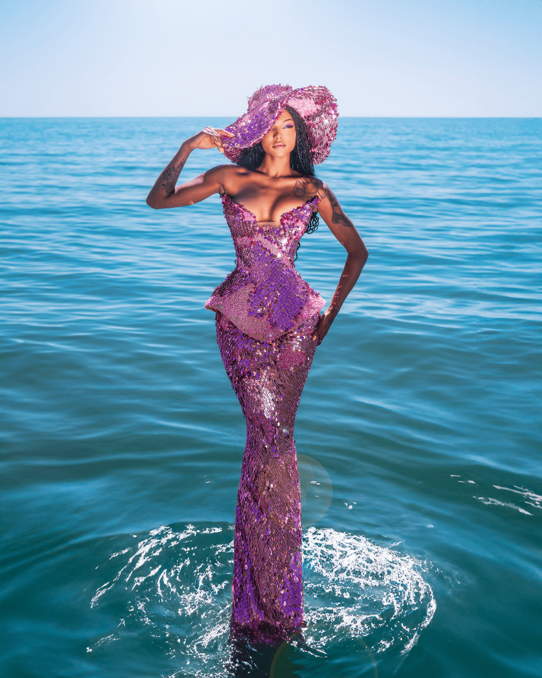 Viesa Sleeveless Sequin Dress with Sea Deatails and Hat - BLINI