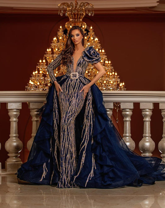 Yahir Deep V - Neckline with Overskirt Dress - BLINI