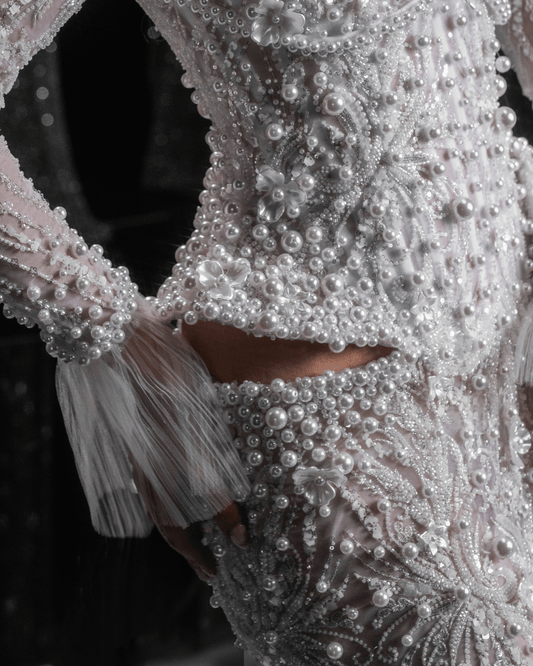 Yaseria Bridal Dress with Side Cape and Pearls - BLINI