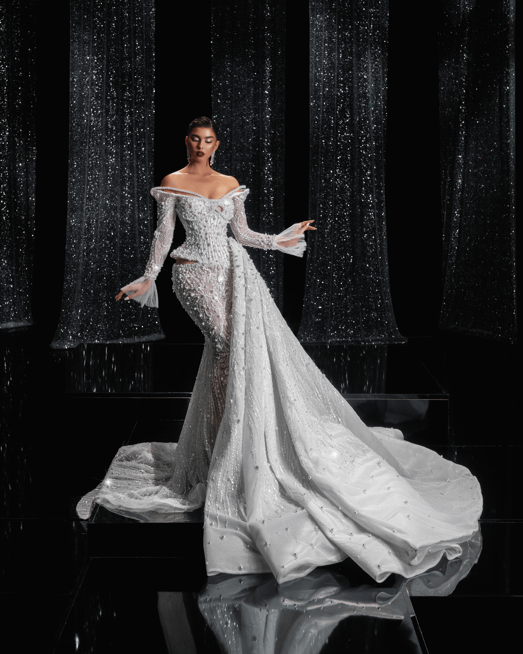 Yaseria Bridal Dress with Side Cape and Pearls - BLINI