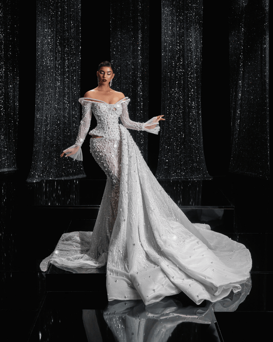 Yaseria Bridal Dress with Side Cape and Pearls - BLINI