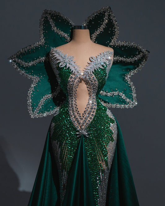 Ylenia 3D Green Dress with Crystal and Petal Design - BLINI