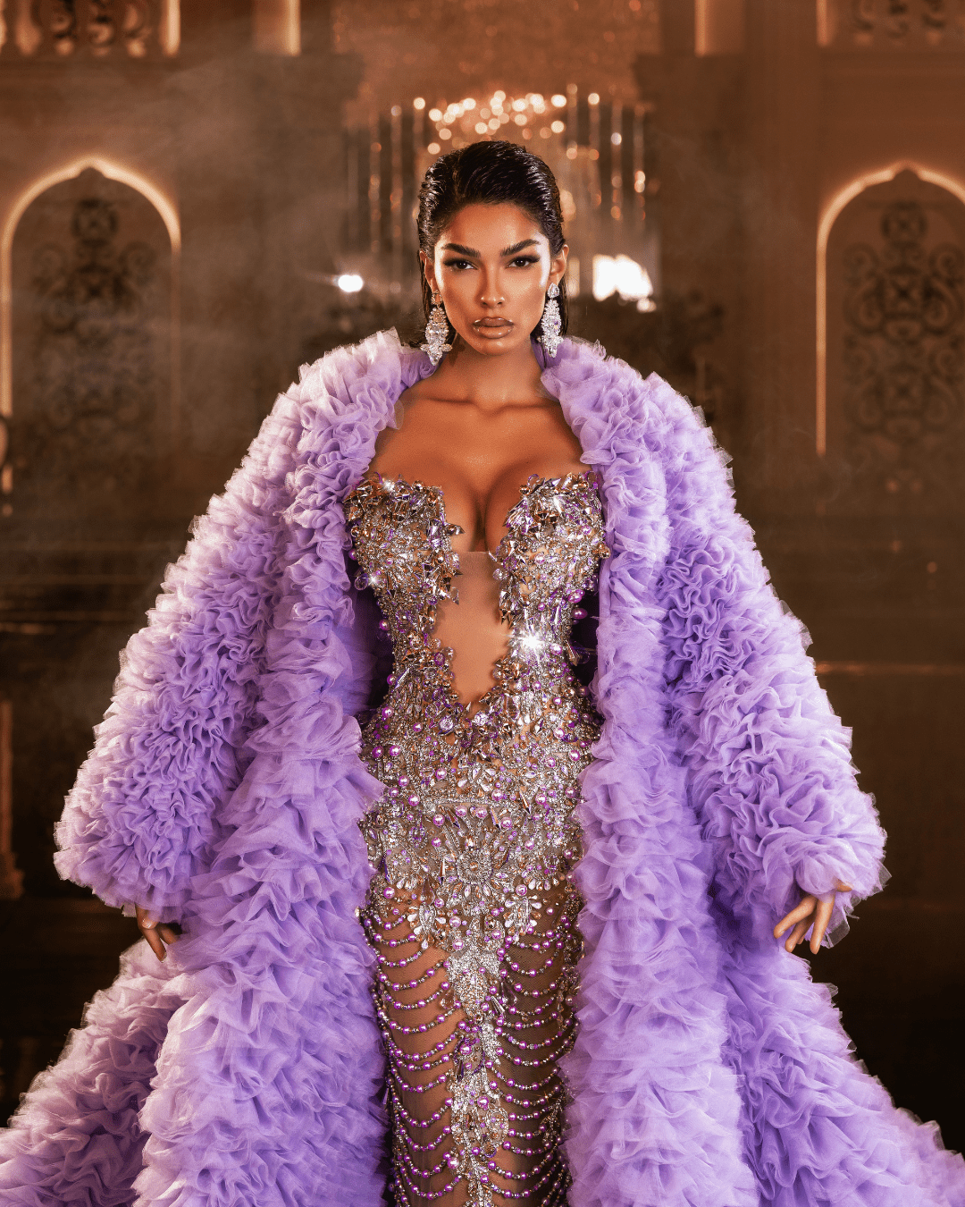 Yonea Purple Sleeveless Dress with Crystals and Cape - BLINI