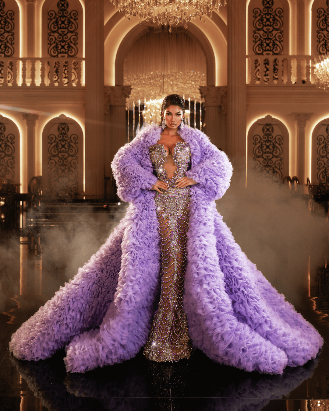 Yonea Purple Sleeveless Dress with Crystals and Cape - BLINI