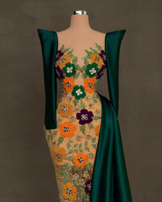 Zinnia Green Dress with Flowers - BLINI